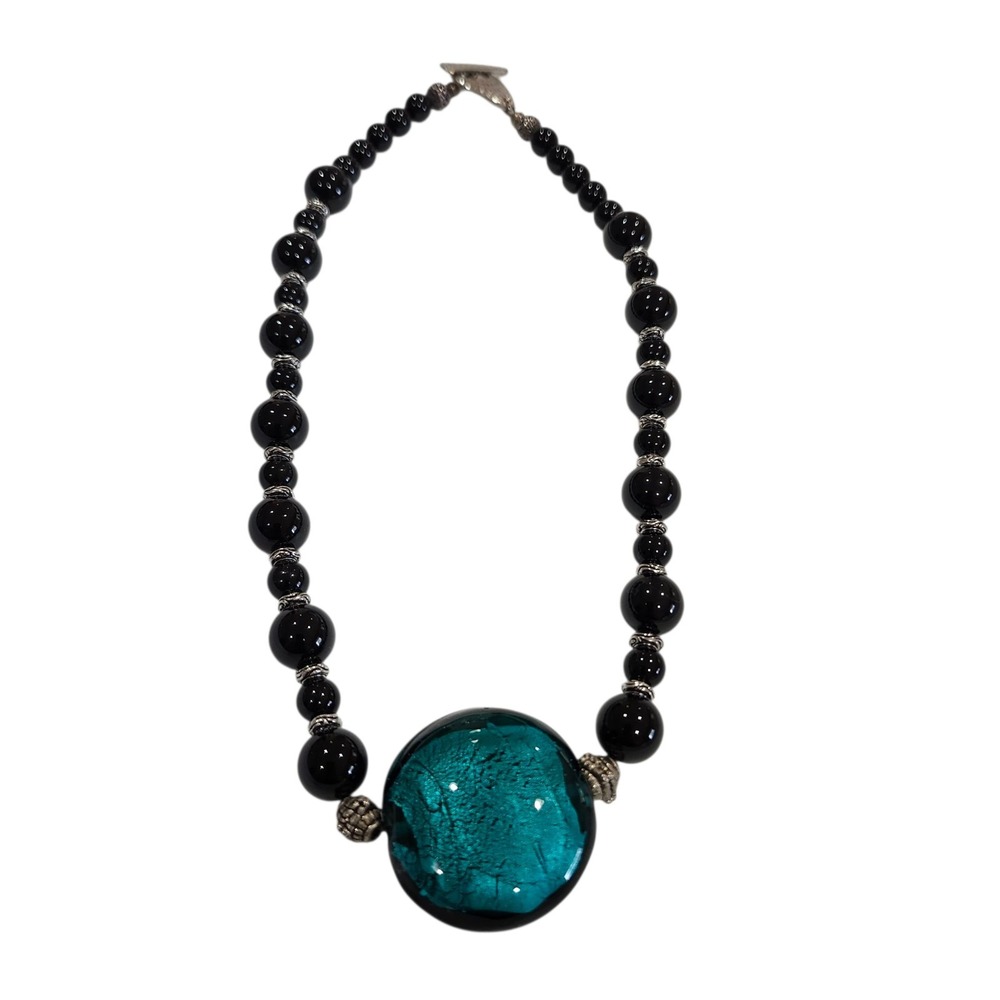 Art Glass Statement Necklace Teal Foil Pendant Black Beads Toggle Clasp‎